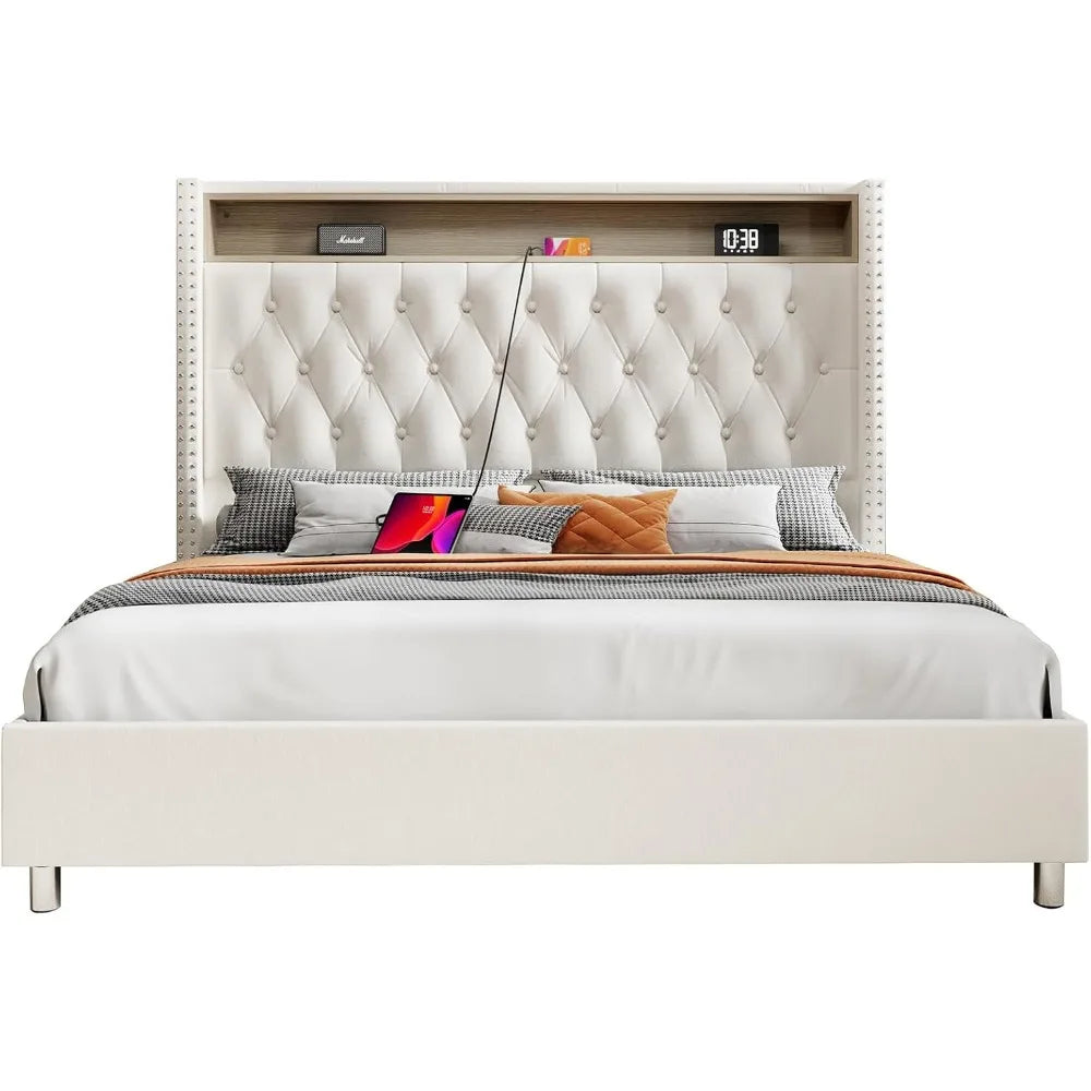 King Bed Frame with Headboard LED Lights and Charging Station, Velvet Tall Upholstered Platform Bed Storage No Box Spring Needed