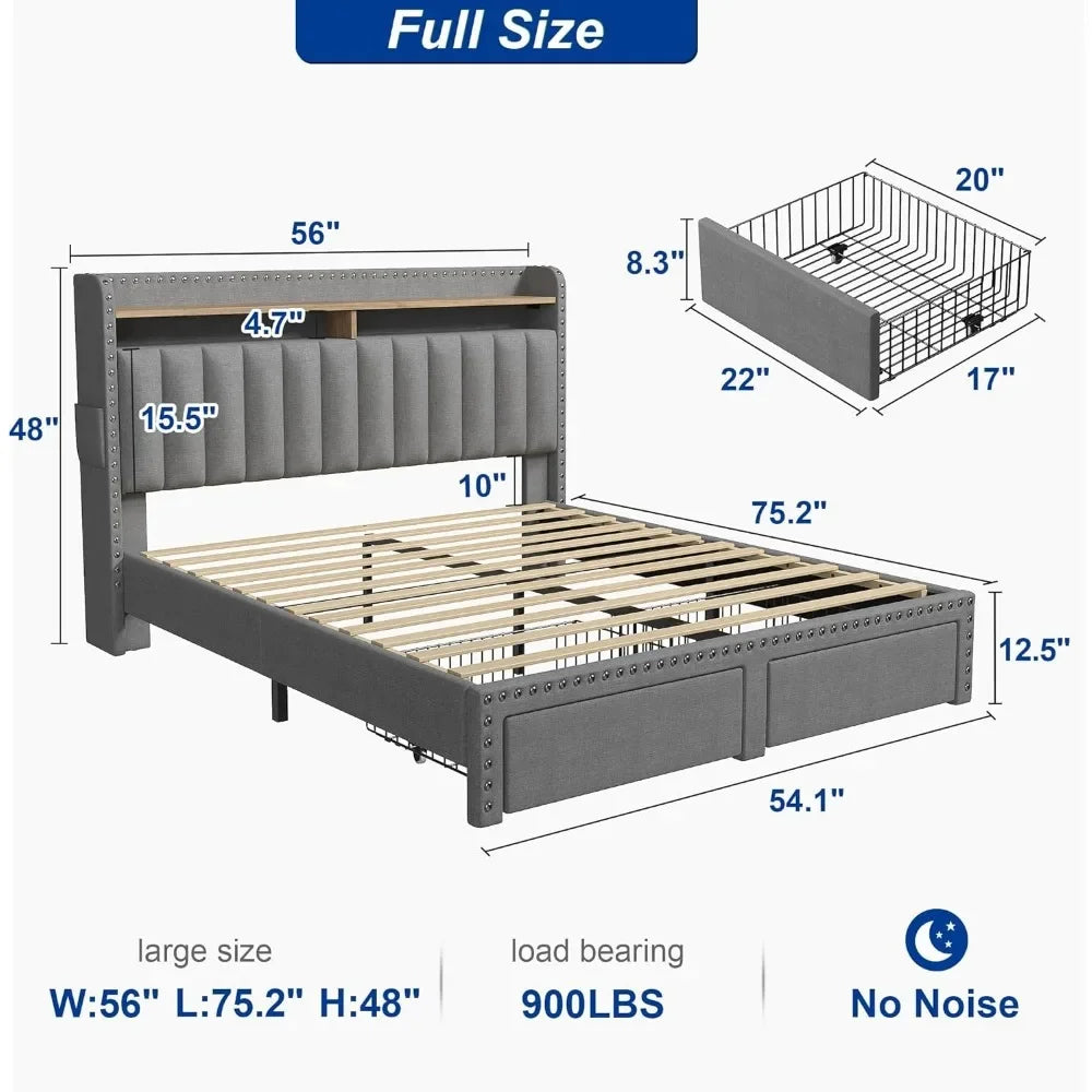 Queen Bed Frame with Headboard and Storage, Upholstered Queen Bed Frame with Storage, Queen Size Bed Frame with 2 Drawer
