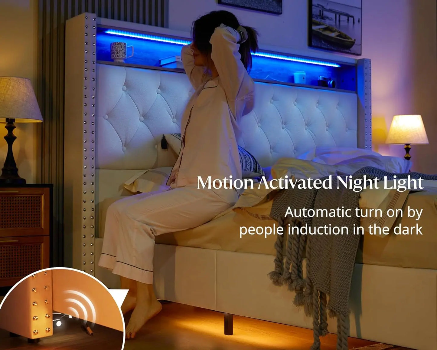 King Bed Frame with Headboard LED Lights and Charging Station, Velvet Tall Upholstered Platform Bed Storage No Box Spring Needed