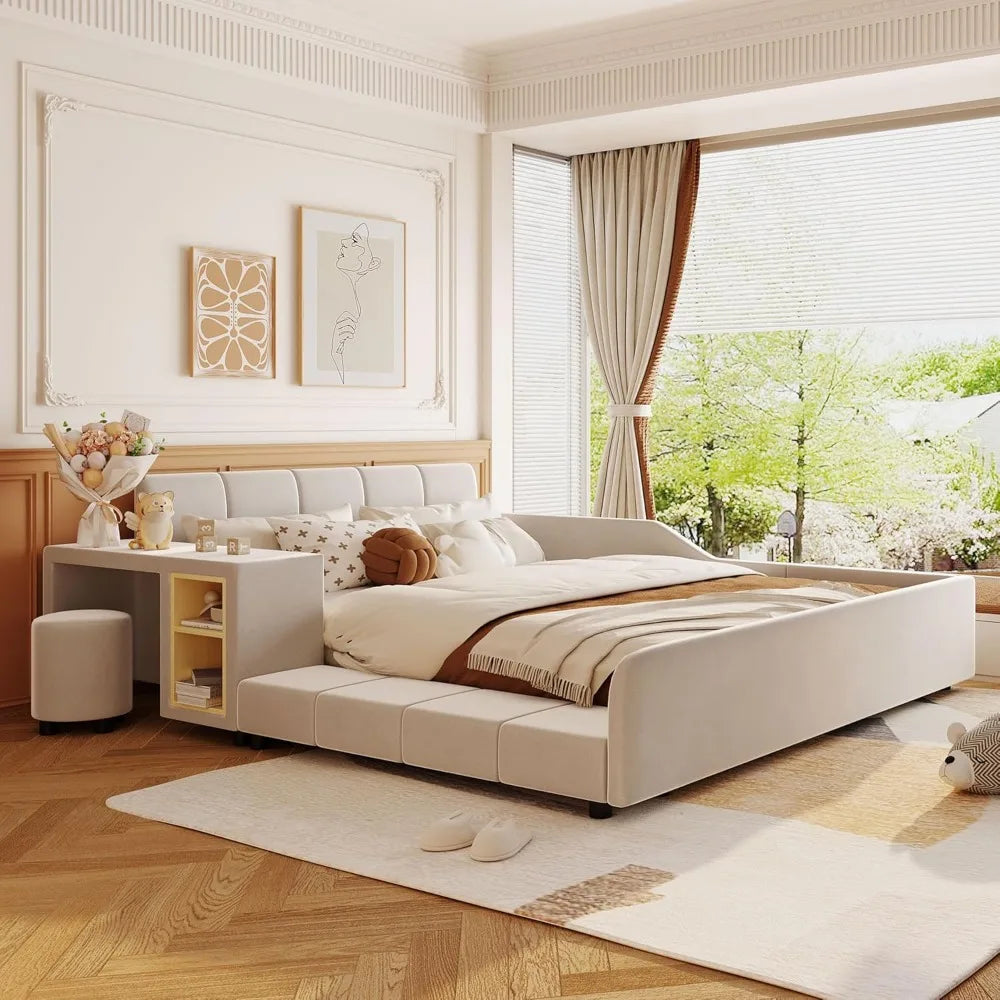 Queen Size Upholstered Grounded Bed with Bedside Desk and Stool,Upholstered Headboard,Grounded Upholstered Wood Base Bed Frame