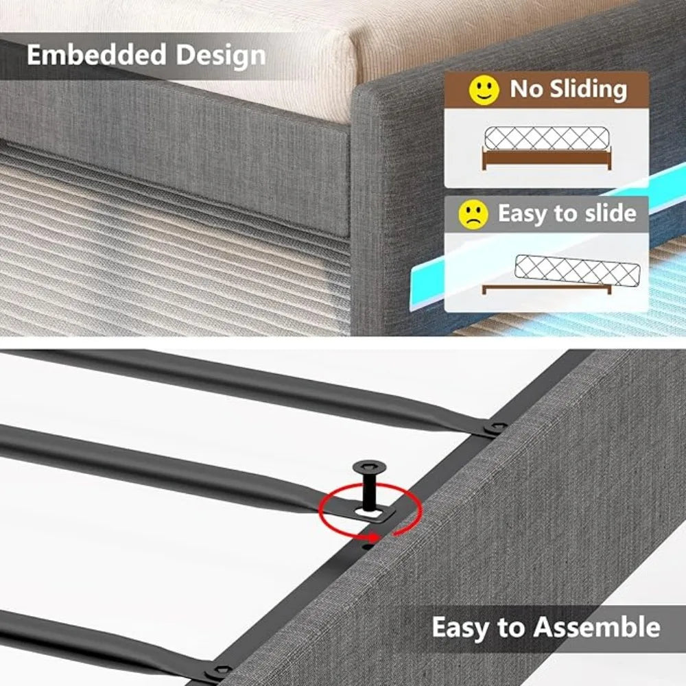 King Bed Frame with Headboard and LED Lights, Upholstered Platform Bed with USB Charging Station, Metal Support and Footboard.