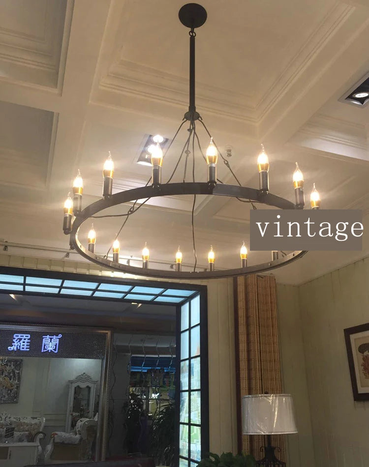 Modern American Retro Iron Pendant Lamp Vintage Industrial Led Droplight Round Cafe Restaurant Bar Knight Candle Chandelier