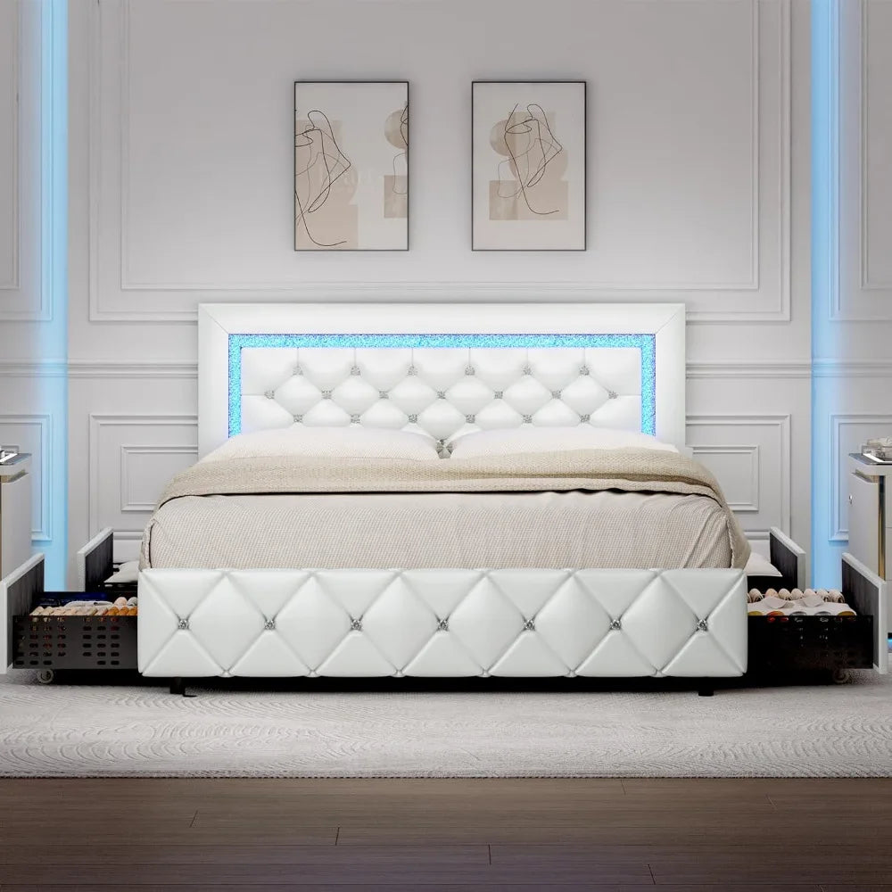 Queen Size Bed Frame with LED Lights, Upholstered Bed Frame with 4 Storage Drawers, with Diamond Headboard and Footboard