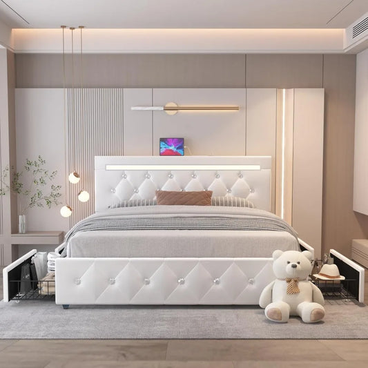 Queen Size Bed Frame with 4 Drawers and Adjustable LED Headboard,PU Leather Upholstered Platform Storage Bed w/Charging Station