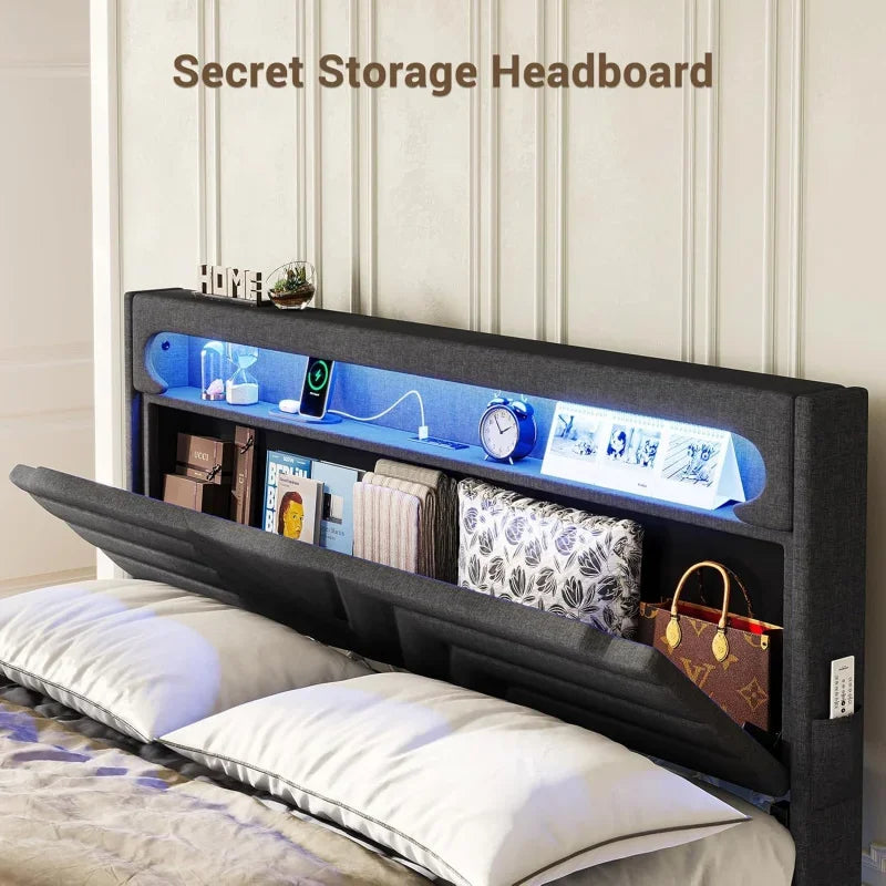 Queen Floating Frame RGB LED Lights ,USB-C/A Power Combo,Linen Upholstered Platform Bed with Storage Headboard