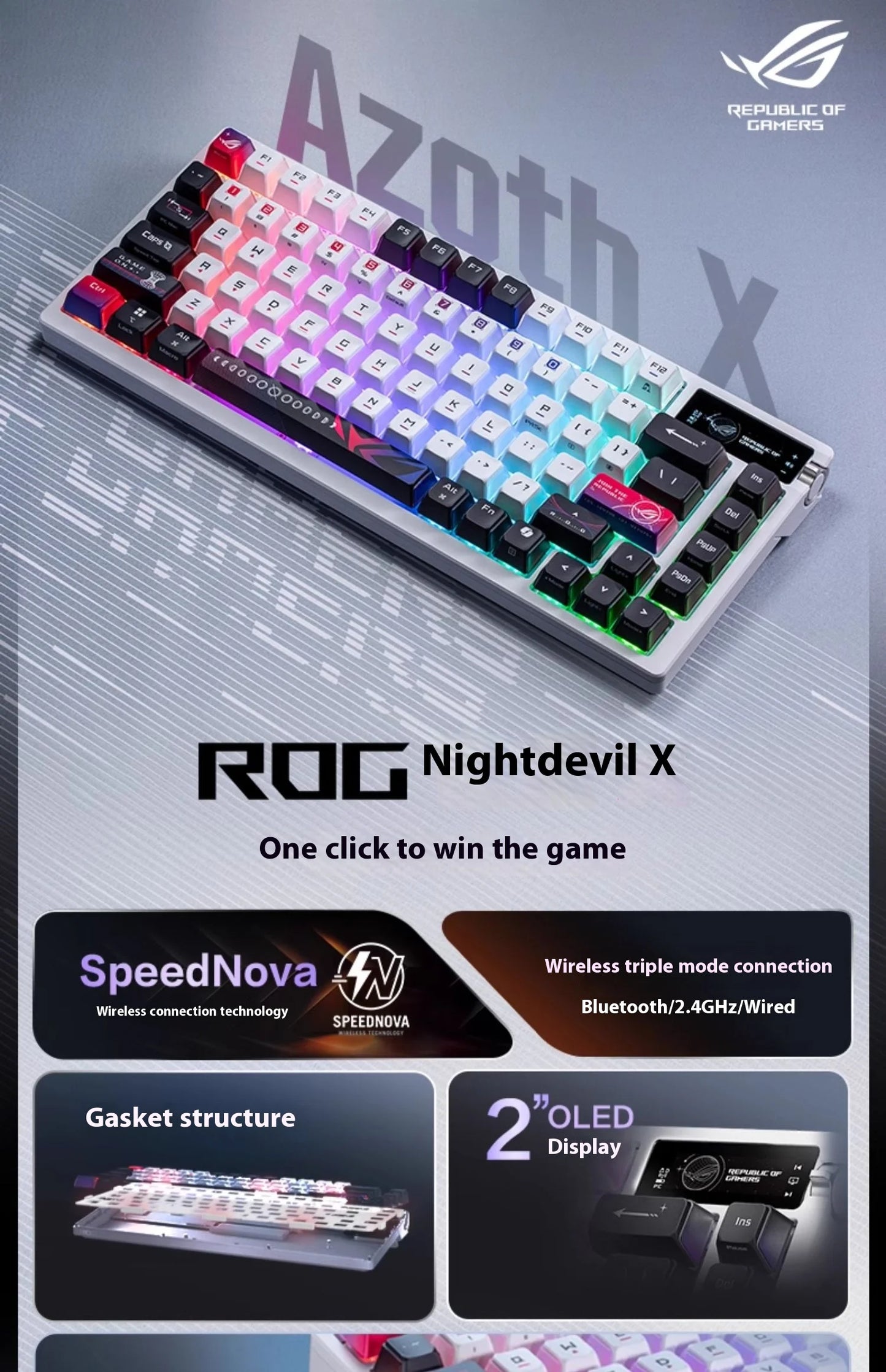 ROG Azoth X Wireless Tri-mode Mechanical Keyboard Hot Swap 2“OLED Screen Gasket Mount Custom PC Esport Laptop Gaming Keyboards