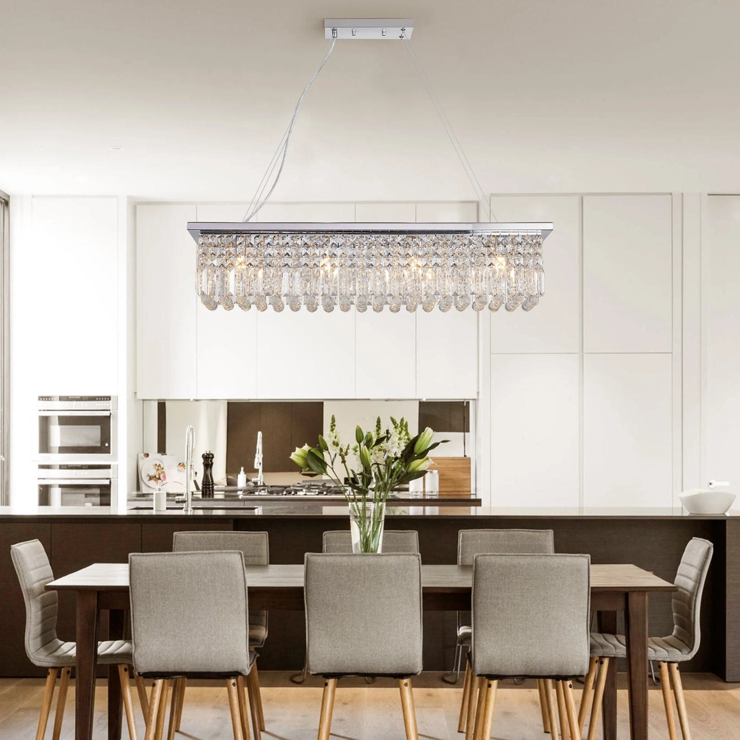 Modern Crystal Chandelier for Dining Room 8-Light Rectangle Raindrop Chandelier Contemporary Rectangular Fixture Pendant Light