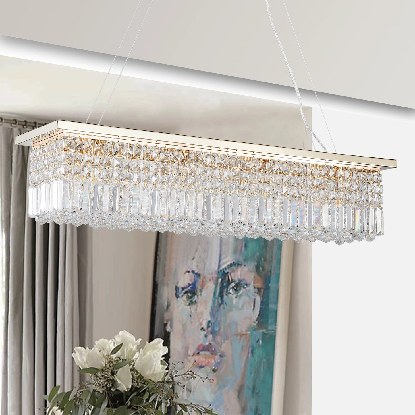 Modern Crystal Chandelier for Dining Room 8-Light Rectangle Raindrop Chandelier Contemporary Rectangular Fixture Pendant Light