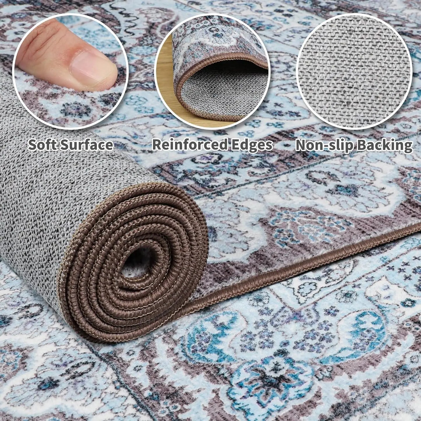 Area Rugs for Living Room, Machine Washable Vintage Rug, Non-Slip Low Pile Throw Rugs with Rubber Backing Washable Carpet
