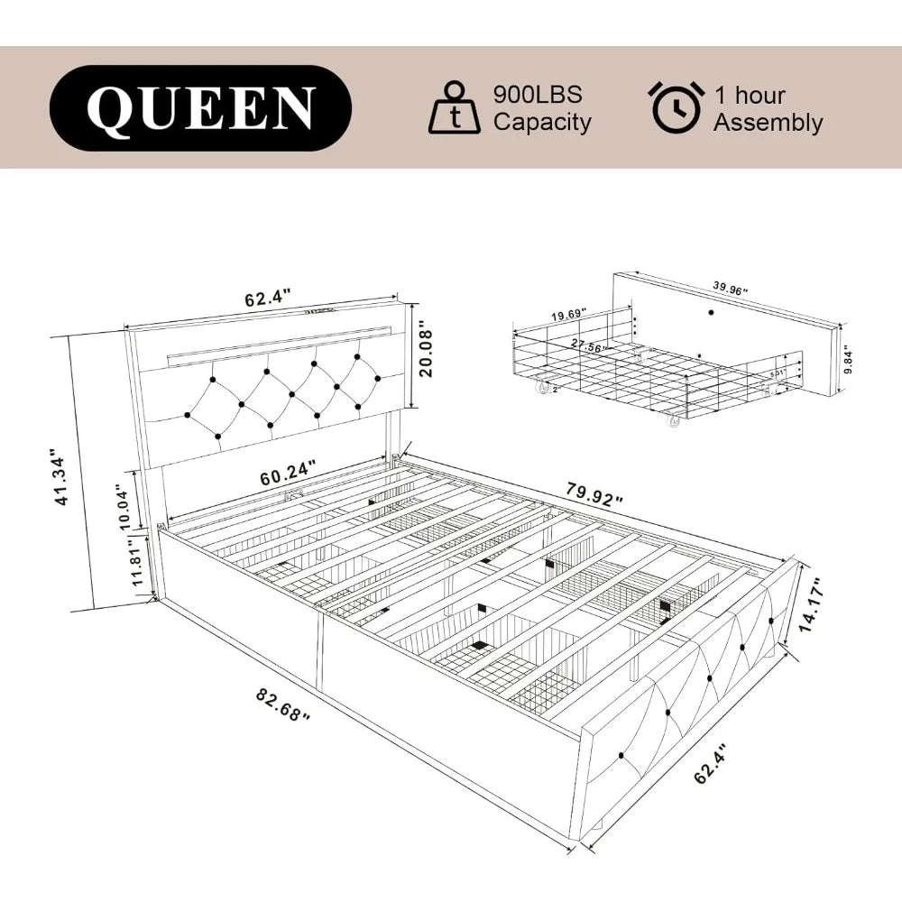 Queen Size Bed Frame with 4 Drawers and Adjustable LED Headboard,PU Leather Upholstered Platform Storage Bed w/Charging Station