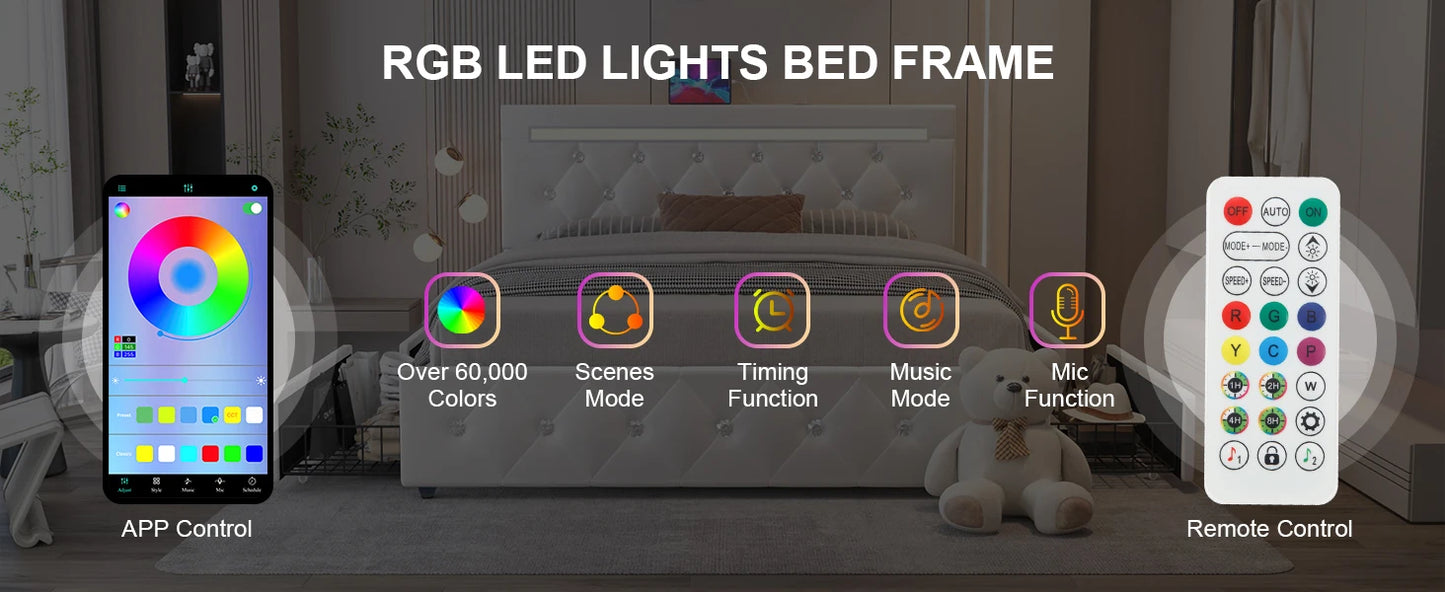Queen Size Bed Frame with 4 Drawers and Adjustable LED Headboard,PU Leather Upholstered Platform Storage Bed w/Charging Station