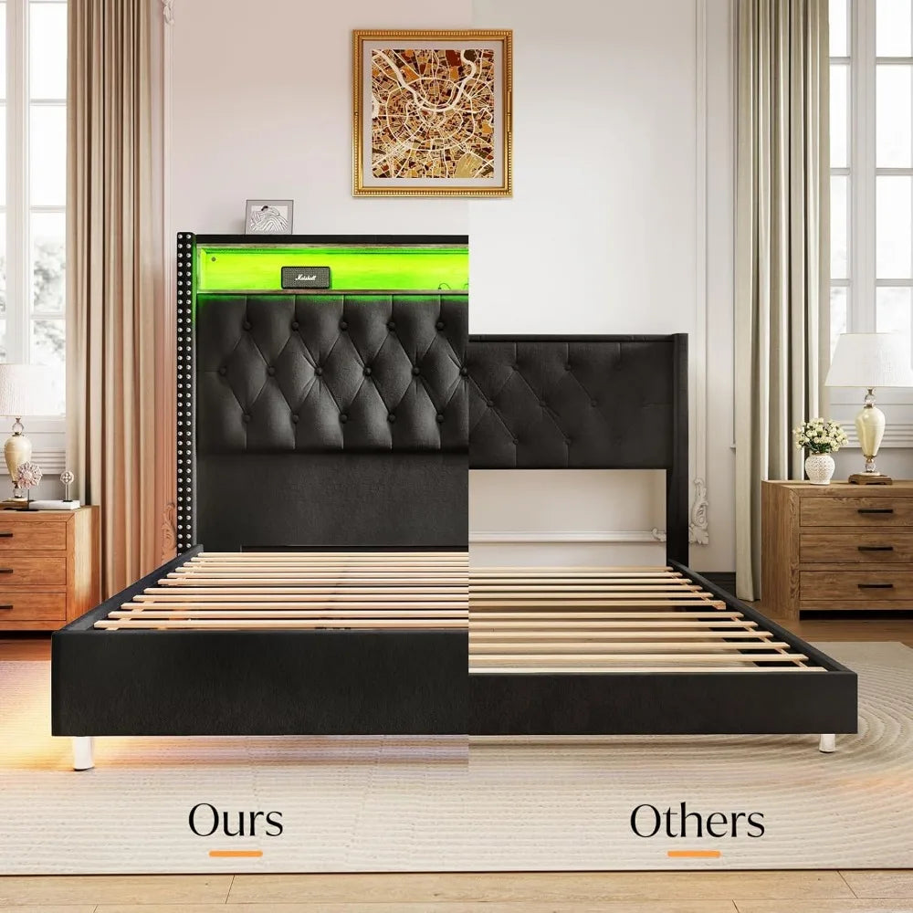 King Bed Frame with Headboard LED Lights and Charging Station, Velvet Tall Upholstered Platform Bed Storage No Box Spring Needed