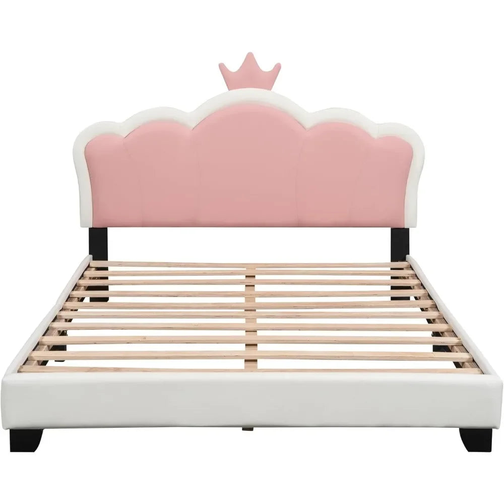Full-Size Upholstered Princess Bed with Crown Headboard, Full Size Platform Bed with Headboard and Footboard Suitable for girls
