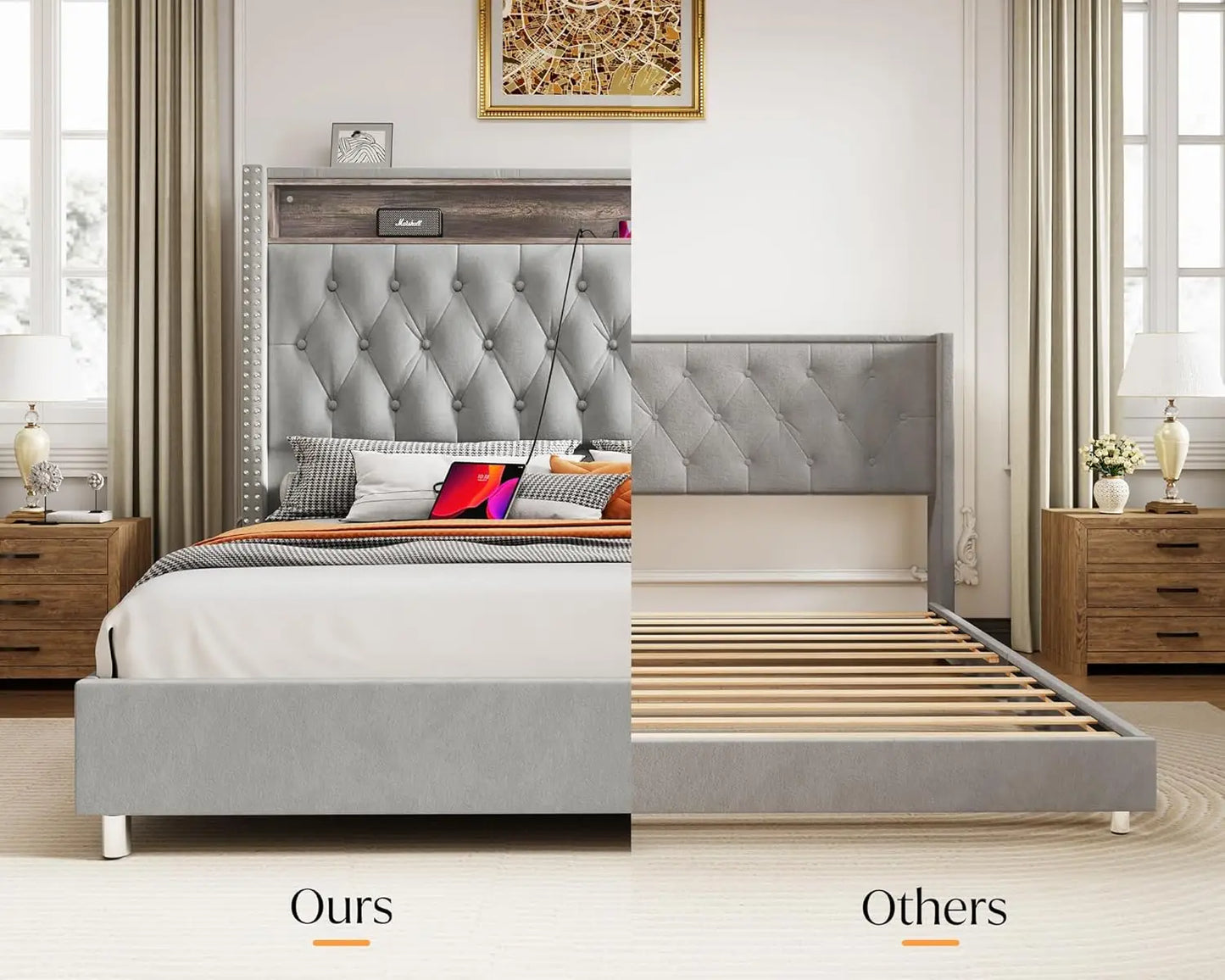 King Bed Frame with Headboard LED Lights and Charging Station, Velvet Tall Upholstered Platform Bed Storage No Box Spring Needed