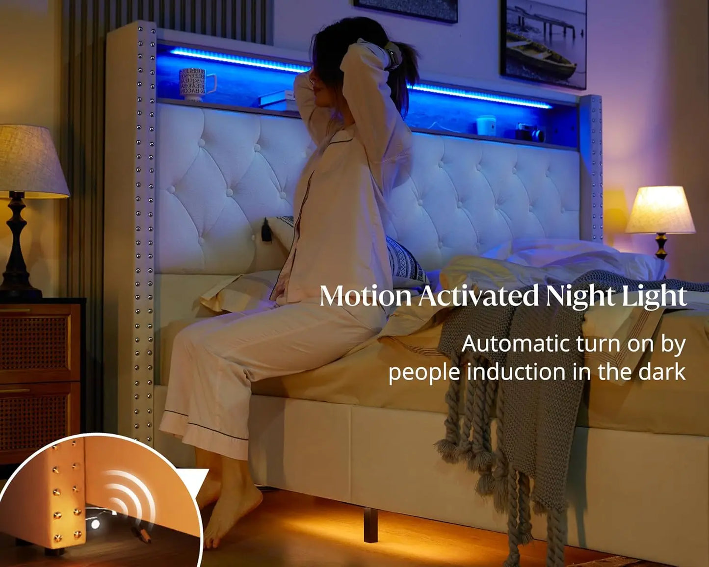 King Bed Frame with Headboard LED Lights and Charging Station, Velvet Tall Upholstered Platform Bed Storage No Box Spring Needed
