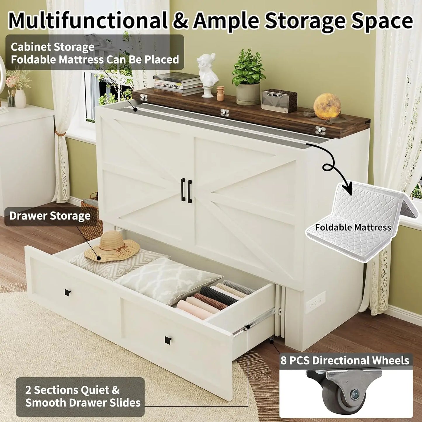 Full Size Murphy Bed, Cabinet Bed with Charging Station Large Storage Drawer for Home Office or Small Room, Hideaway Bed Full Fo