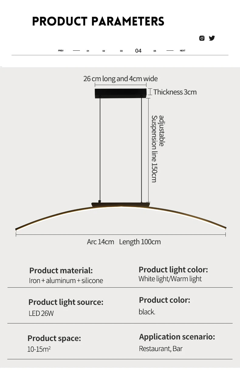 Modern LED Pendant Light Dimmable Hanging Lamp for Dining Room Kitchen Minimalist Arc Design Restaurant Energy Saving, Easy Inst