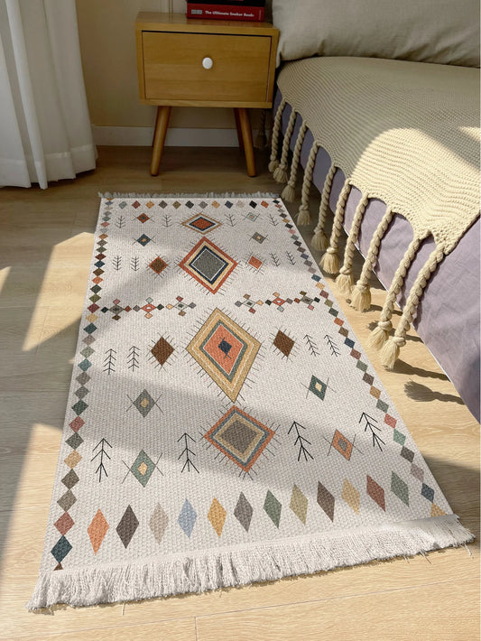 Handwoven cotton linen carpet retro Bohemian style square bedside geometric floor mat living room home decoration Bohemian manda