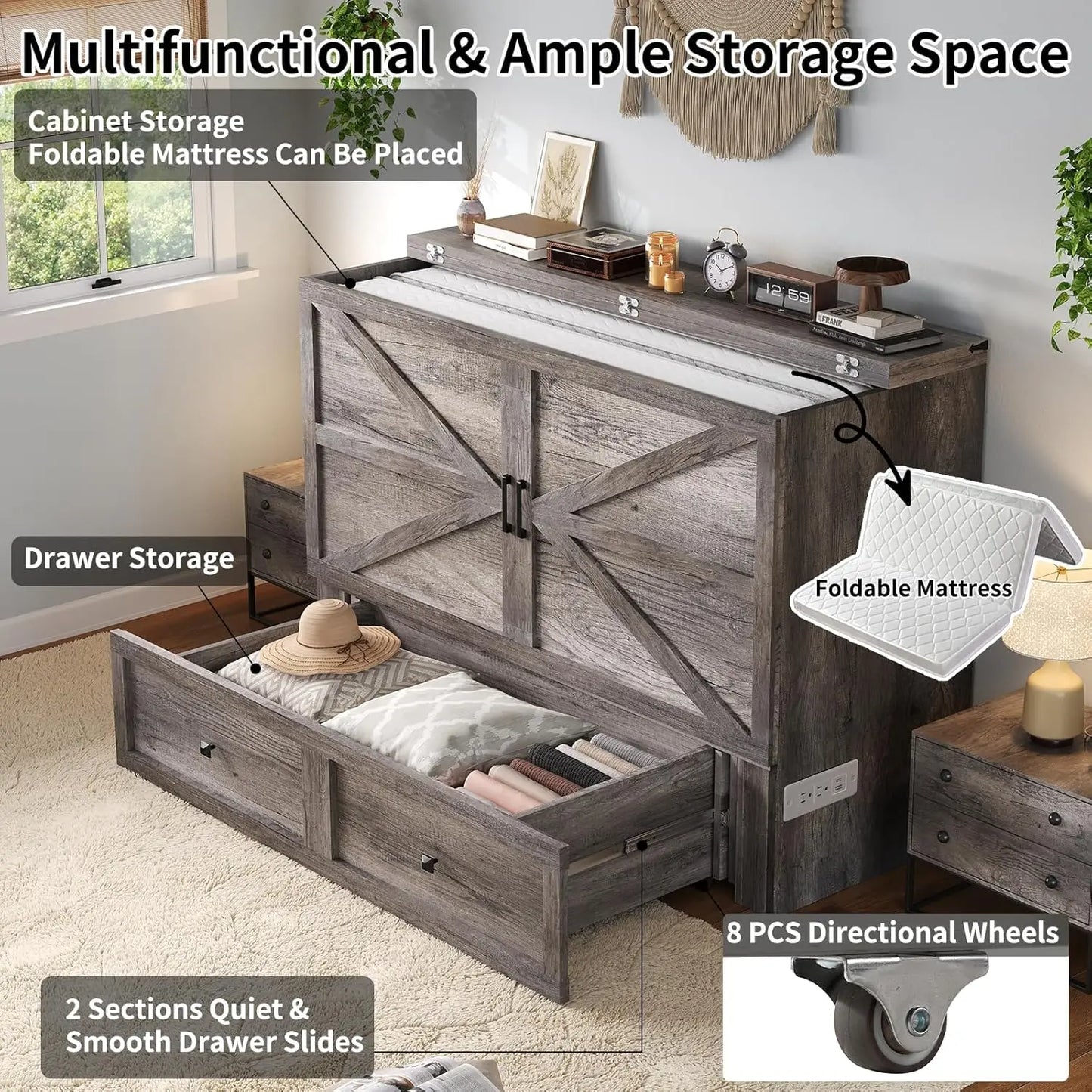 Full Size Murphy Bed, Cabinet Bed with Charging Station Large Storage Drawer for Home Office or Small Room, Hideaway Bed Full Fo