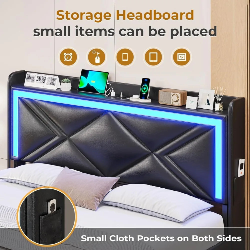Bed Frame with Storage Headboard & 4 Drawers, Upholstered LED Bed Frame with Charging Station, Pu Leather Platform