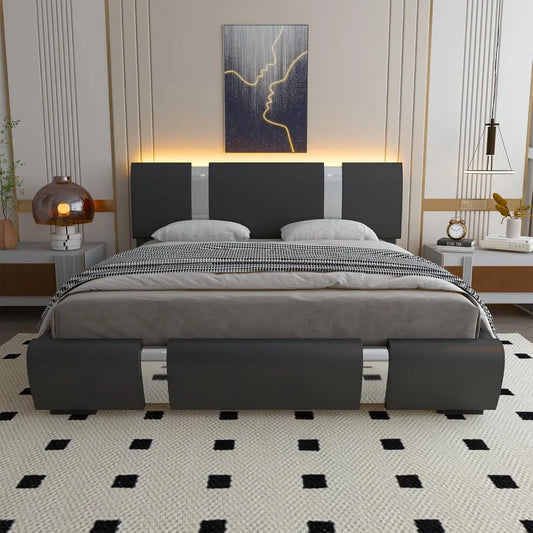 Queen Modern Faux Leather Upholstered Bed Frame with Adjustable Headboard, LED Lights,Low Profile Platform Bed with Iron Piece