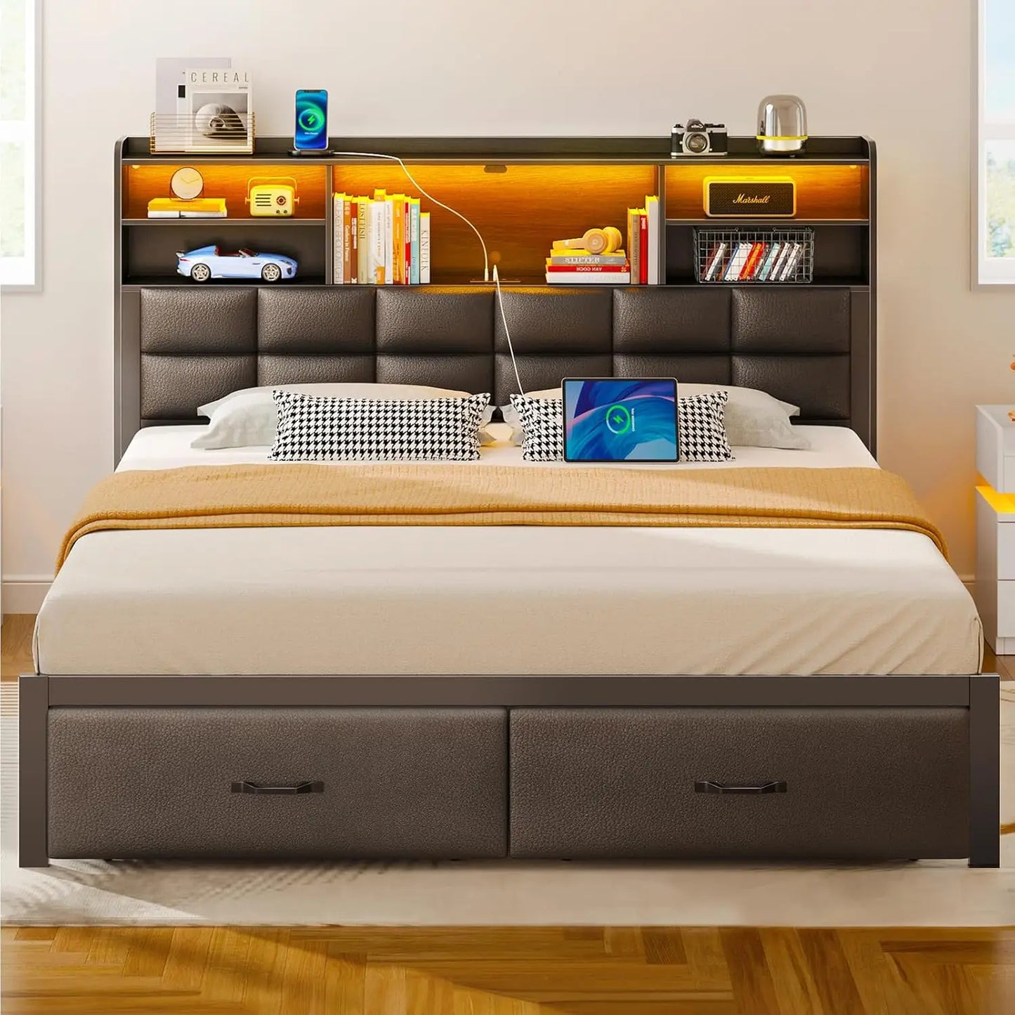 Bed Frame Full Size with Drawers and Charging Station, Upholstered Platform Bed with Storage Headboard and LED Light, Heavy Duty