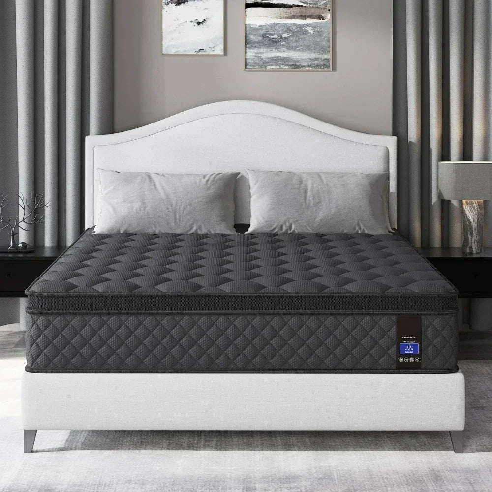 Queen Mattress,14 Inch Hybrid Mattress Black,Euro Top Mattress Medium Firm for Back & Lumbar Support,100 Night Trial, Individual