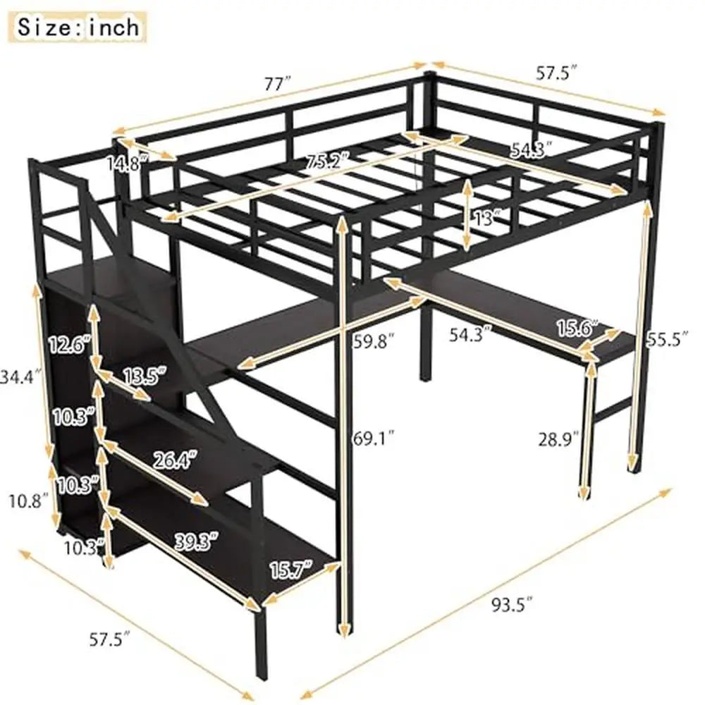 Full Size Gaming Loft Bed L-Shaped Desk Wardrobe Adjustable Shelf LED Charging Station Meta Loft Bed Kids Cozy Gaming Learning