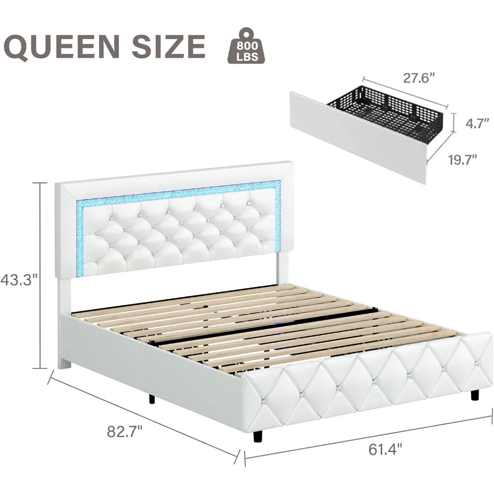 Queen Size Bed Frame with LED Lights, Upholstered Bed Frame with 4 Storage Drawers, with Diamond Headboard and Footboard