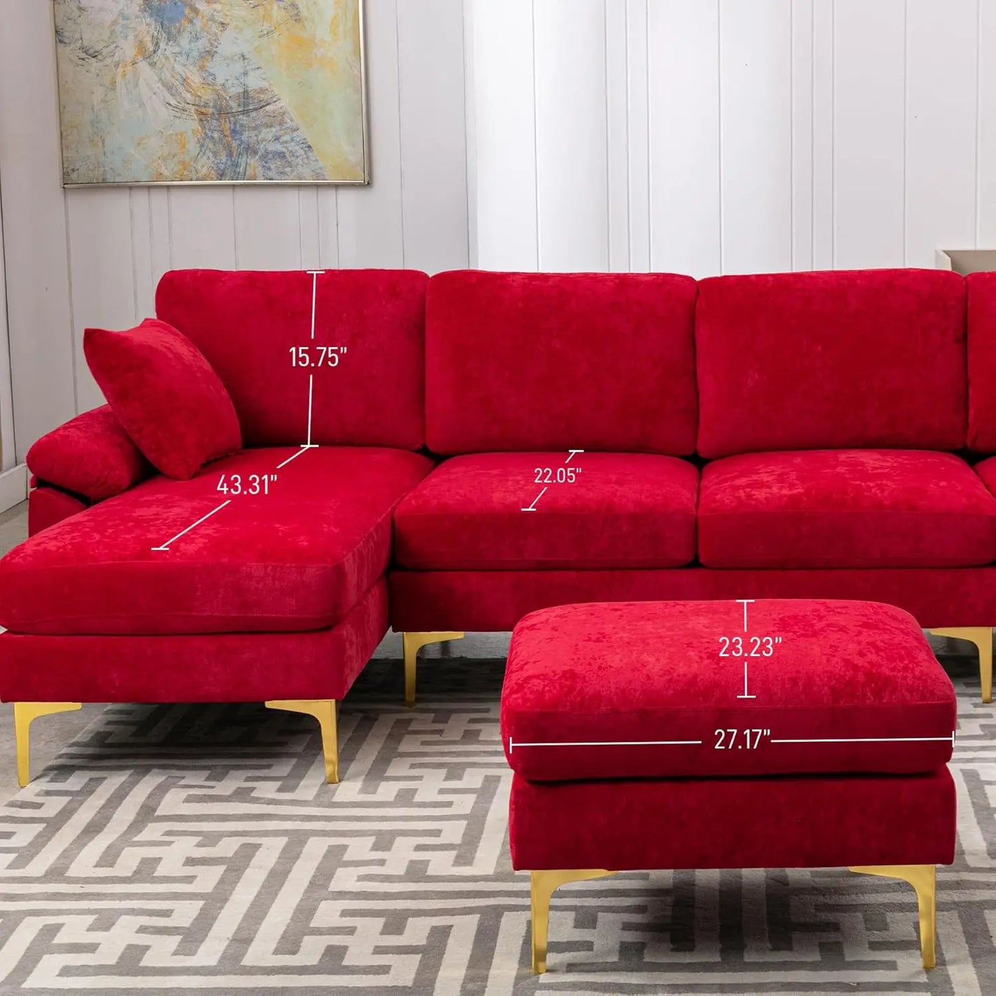 U-Shaped Sectional Sofa Couch, 4 Seat Sofa Set for Living Room, Convertible L-Shaped Velvet Couch Set with Chaise Lounge