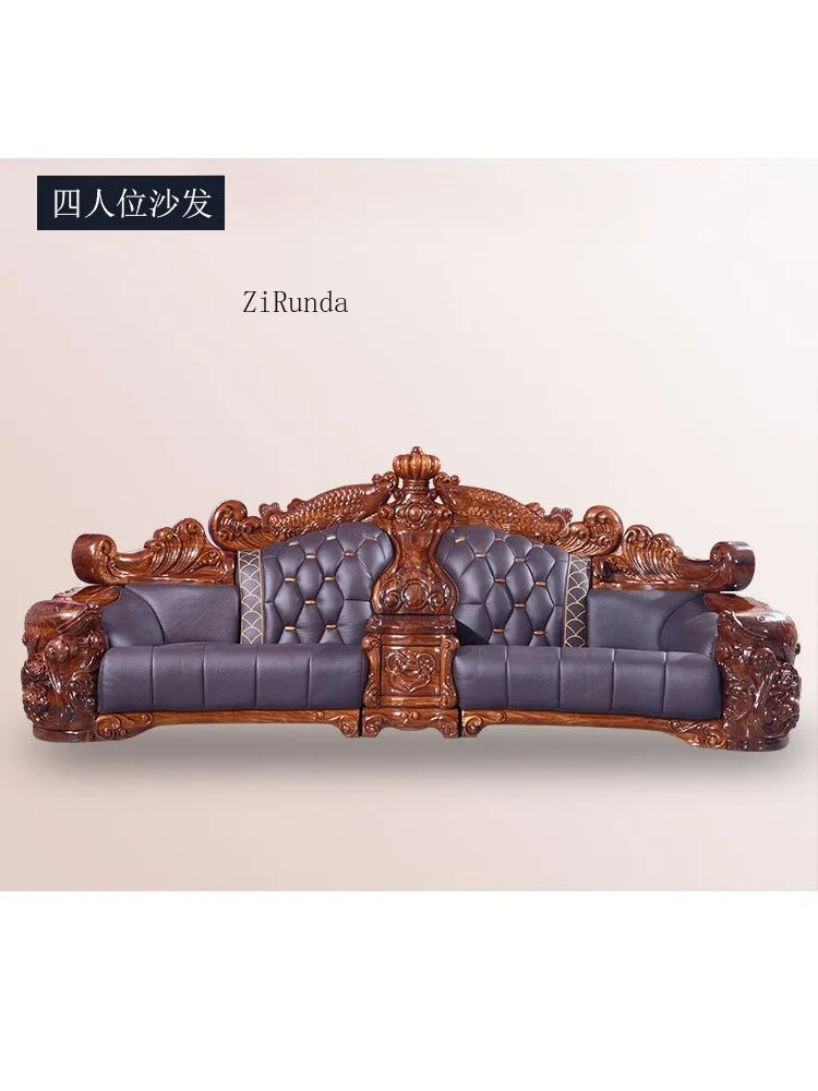 Ebony sofa leather combination, living room villa luxury solid wood furniture
