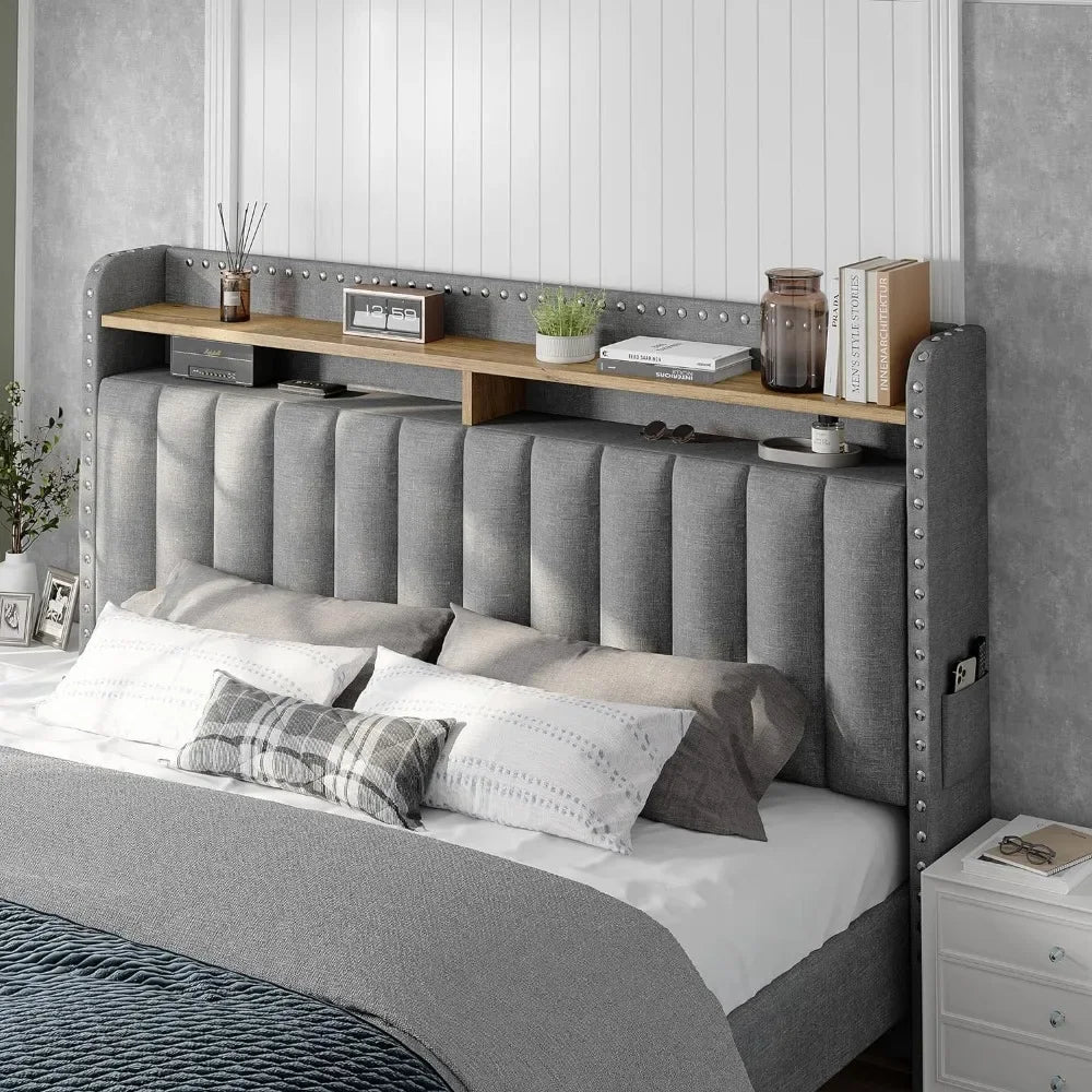 Queen Bed Frame with Headboard and Storage, Upholstered Queen Bed Frame with Storage, Queen Size Bed Frame with 2 Drawer