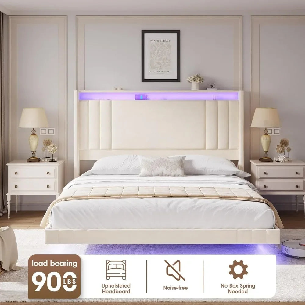 Floating Bed Frame, 50.8" Tall Headboard LED with Charging Station, Metal Platform Bed Frame, Upholstered Platform Beds Home