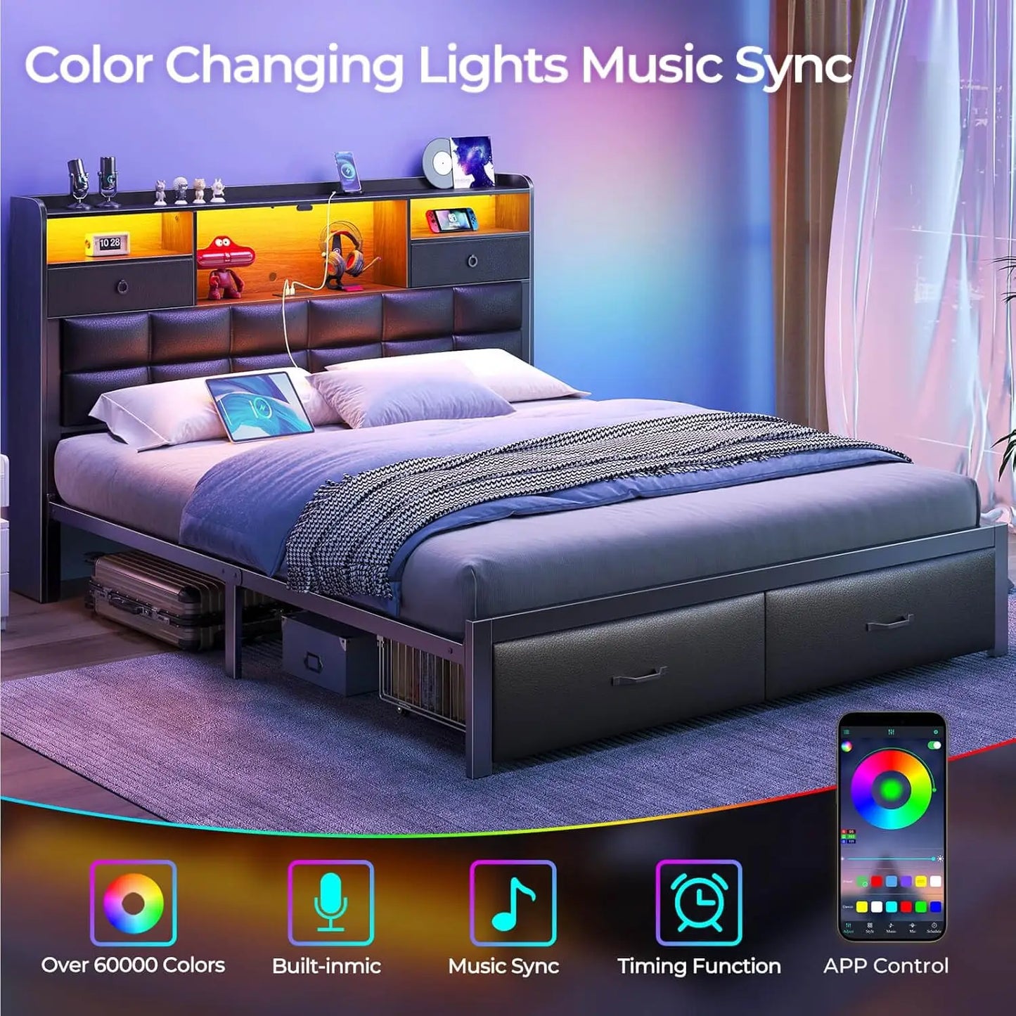 Bed Frame Full Size with Drawers and Charging Station, Upholstered Platform Bed with Storage Headboard and LED Light, Heavy Duty