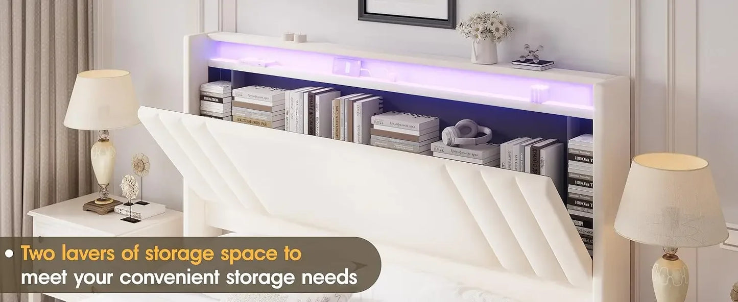 Floating Bed Frame, 50.8" Tall Headboard LED with Charging Station, Metal Platform Bed Frame, Upholstered Platform Beds Home