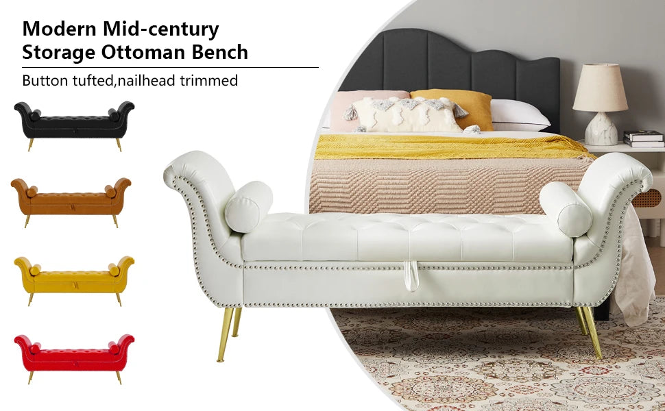 PU Leather Storage Benches End of Bed Vintage Flared Rolled Armed Bedroom Ottoman Bench Button Tufted Entryway Window