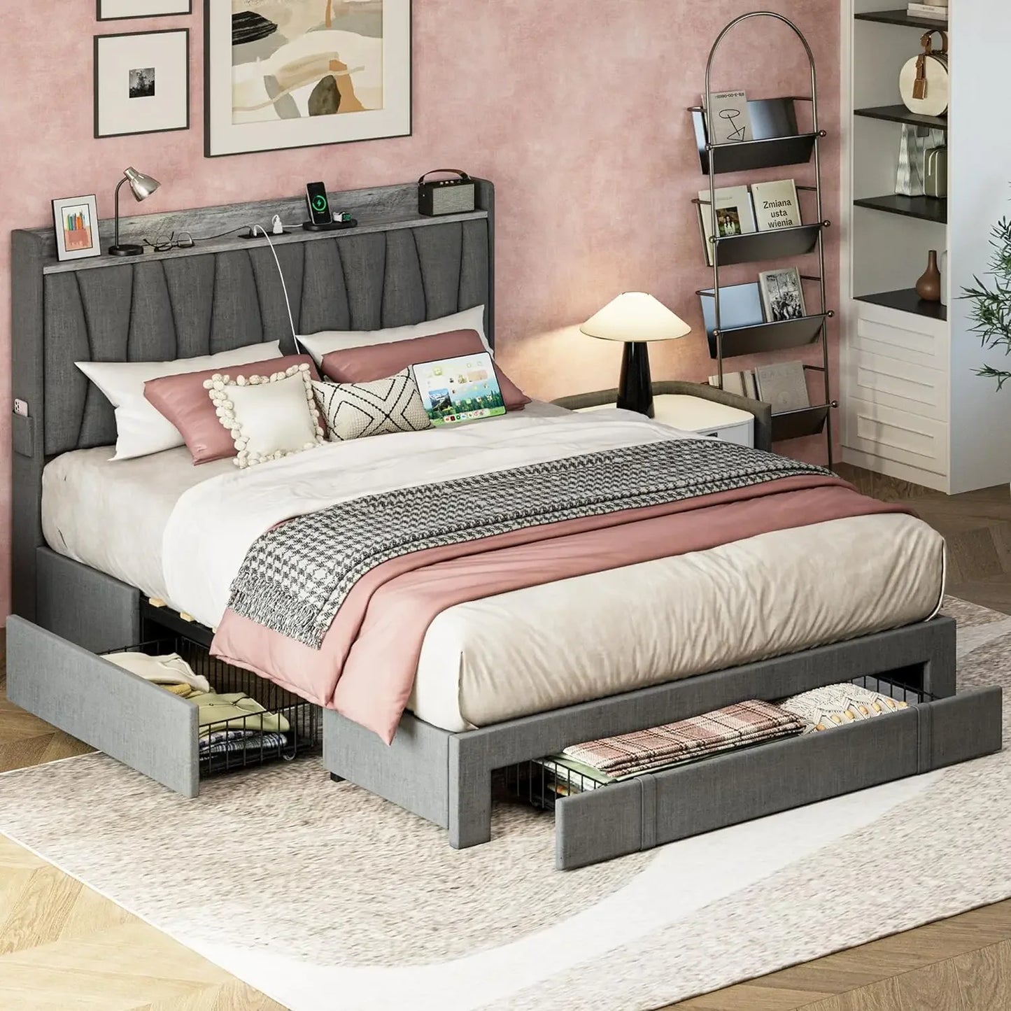 Queen Size Bed Frame with 3 Drawers, Upholstered Platform Beds with Storage Headboard and Charging Station