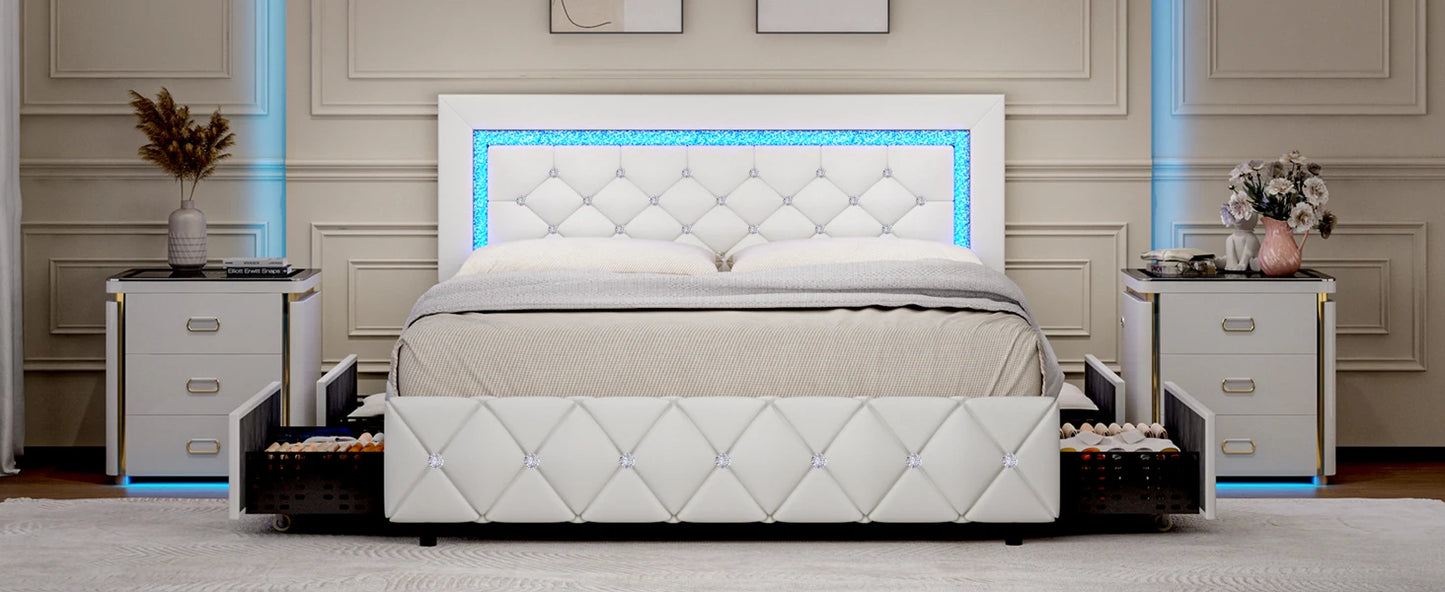 Queen Bed Frame with LED Lights, Upholstered Bed Frame with 4 Storage Drawers, Princess Platform Bed with Diamond Headboard