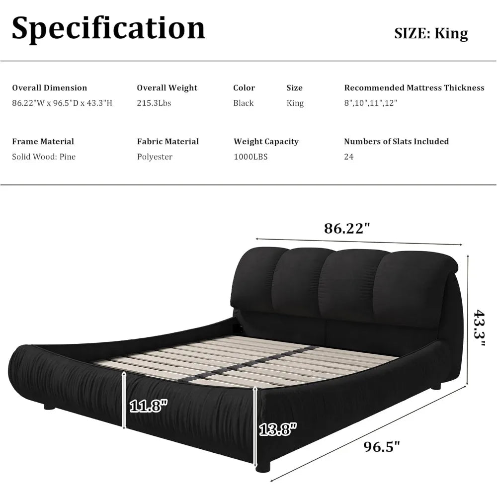 Deluxe king-size upholstered platform bed with upholstered backrest, soft-framed cloud bed, thickened pine slats, metal legs