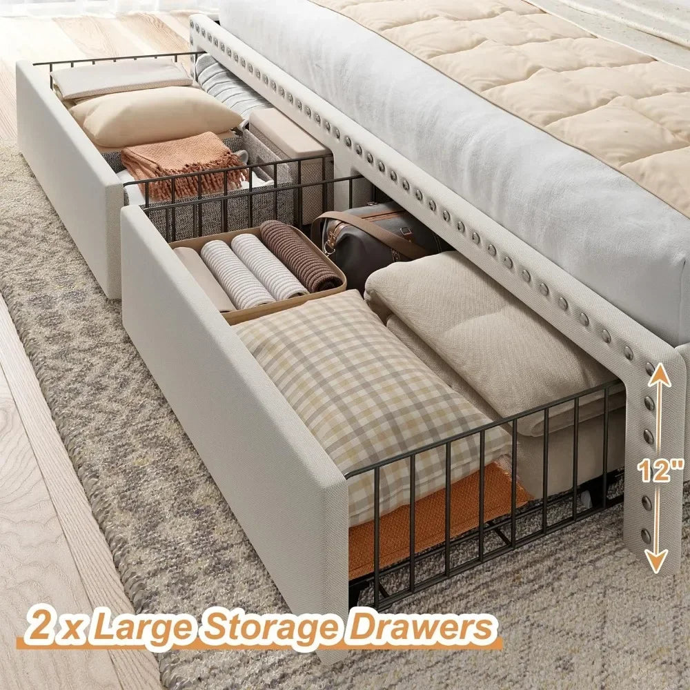 Queen Bed Frame with Headboard and Storage, Upholstered Queen Bed Frame with Storage, Queen Size Bed Frame with 2 Drawers