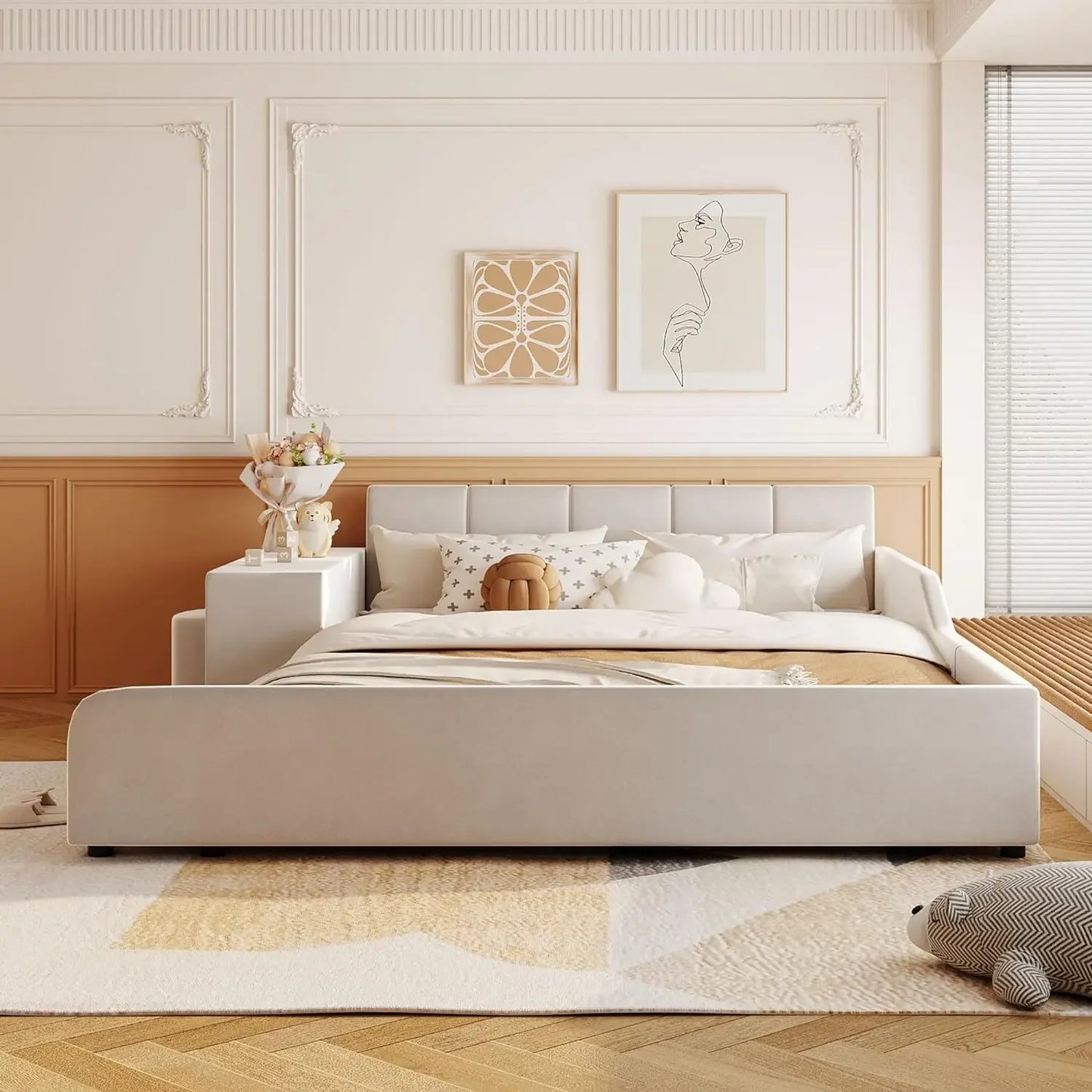 Queen Size Upholstered Grounded Bed with Bedside Desk and Stool,Upholstered Headboard,Grounded Upholstered Wood Base Bed Frame
