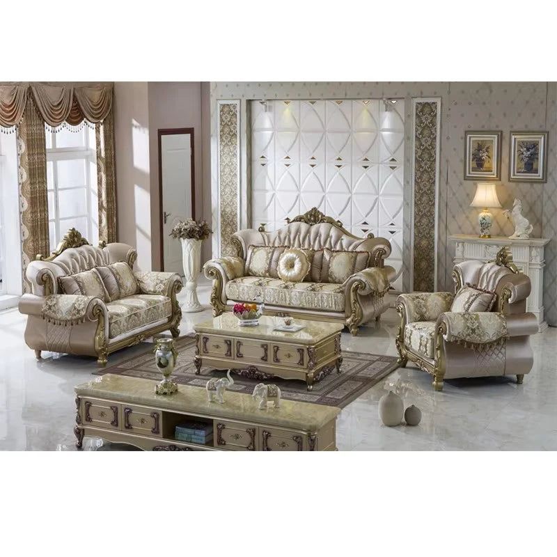 European Luxury 1 2 3 Seats Fabric Sofa Set Villa Home Furniture Classic Royal Solid Wood Combination Living Room Sofa