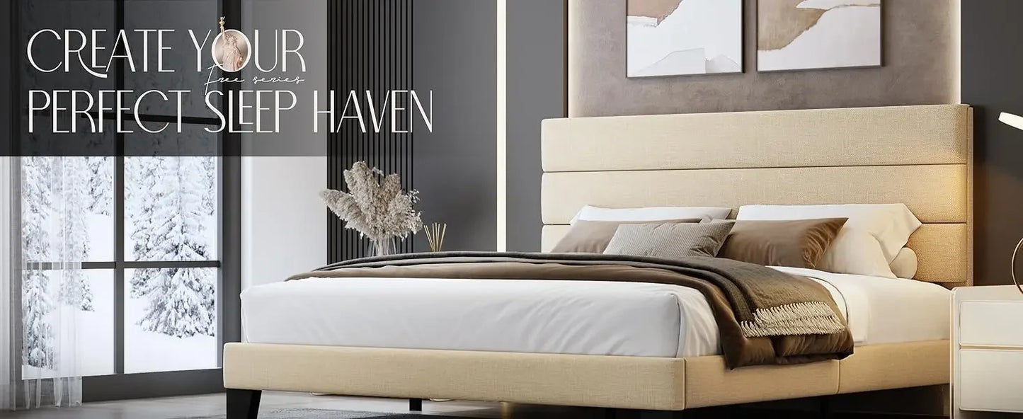 King Bed Frame Platform Bed,Linen Fabric Upholstered Headboard and Wooden Slats Support,Heavy Duty Mattress Foundation,Beige