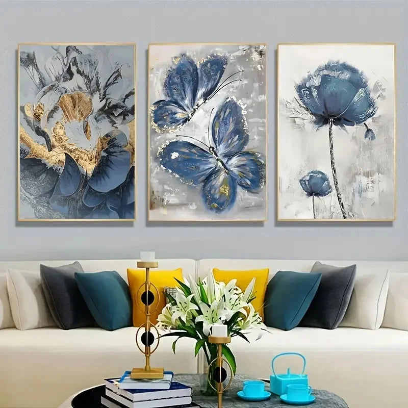 3pcs Luxury Flower Butterfly Print Painting Wall Art Canvas Posters for Living Room Bedroom Office Wall Decor Poster Moving Gift