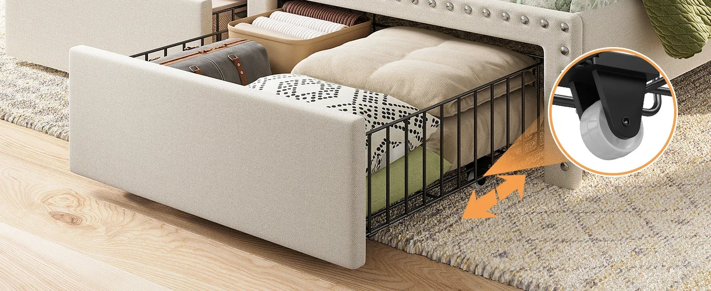 Queen Bed Frame with Headboard and Storage, Upholstered Queen Bed Frame with Storage, Queen Size Bed Frame with 2 Drawers