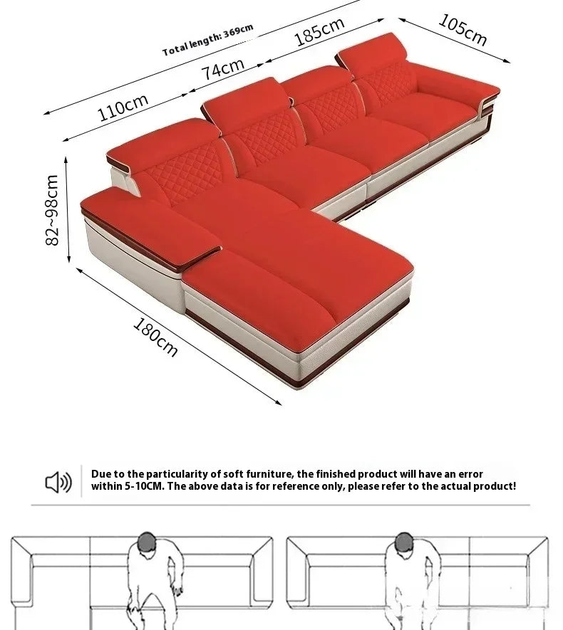 MINGDIBAO Premium Italian Genuine Leather Sofa Set for Living Room with Adjustable Headrests, Bluetooth Speaker, Wireless Charge
