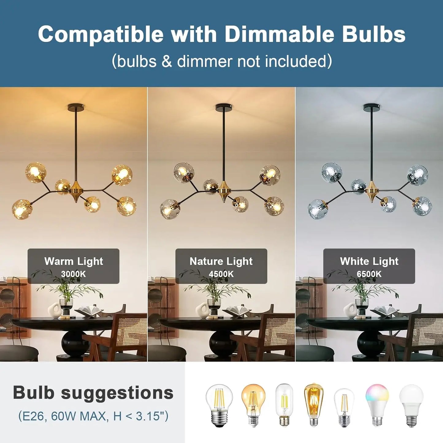 Glass Sputnik Chandelier, 6-Light Black and Gold with Smoke Gray Glass Lampshade Chandelier, E26 Mid Century Modern Pendant Ligh