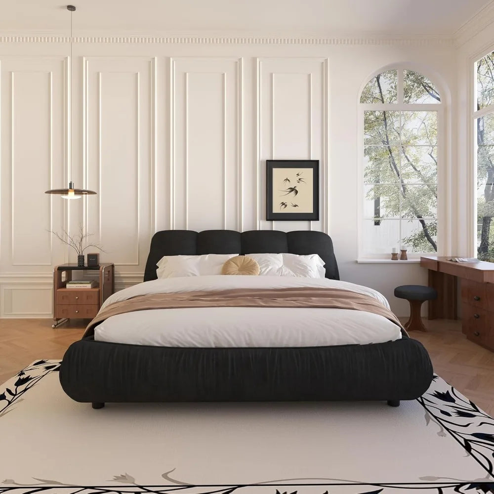 Deluxe king-size upholstered platform bed with upholstered backrest, soft-framed cloud bed, thickened pine slats, metal legs