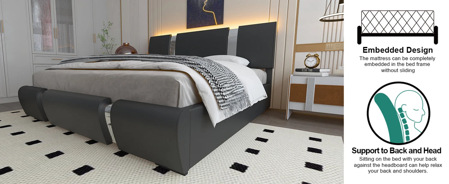 Queen Modern Faux Leather Upholstered Bed Frame with Adjustable Headboard, LED Lights,Low Profile Platform Bed with Iron Piece