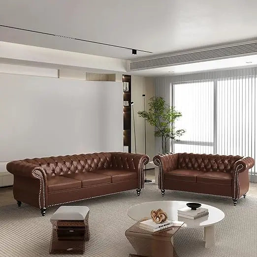 2-piece Living Room Set, Chesterfield Leather Double Sofa with Scroll Armrests and Nail Heads